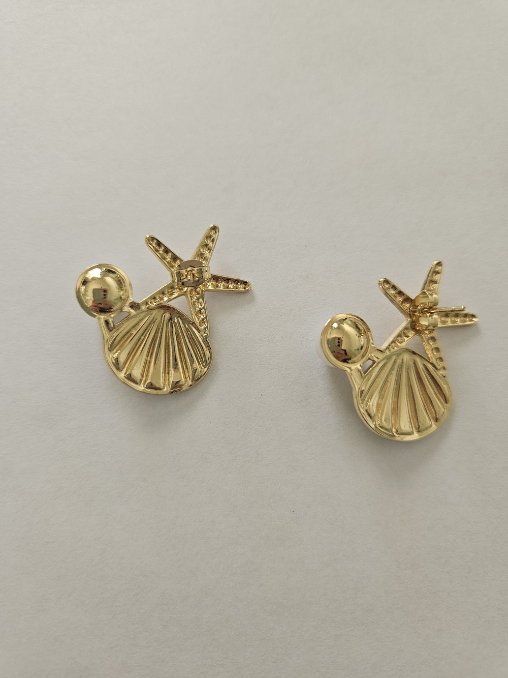 Gold Starfish and Turquoise Shell Pearl Stud Earrings Summer Vacation Preppy - Picture 3 of 4